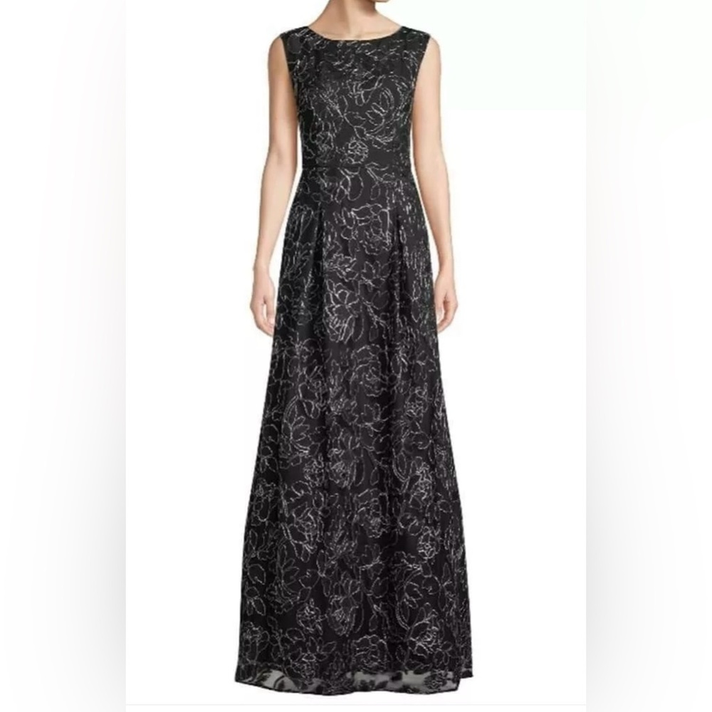Karl Lagerfeld Black Formal Long Gown with Silver Metallic Embroidered Flowers